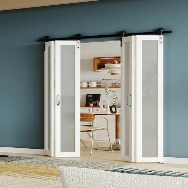 72 in. x 84 in . （36"X 2）Bi-Fold 1-Lite Frosted Glass MDF White Solid Core Double Sliding Barn Door with Hardware Kits .