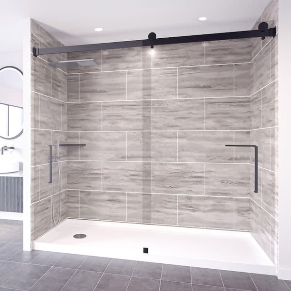 Driftwood-Tetherow 60 in. x 32 in. x 99 in. Floor/Ceiling Base/Wall/Door Alcove Shower Stall/Kit Matte Black Left