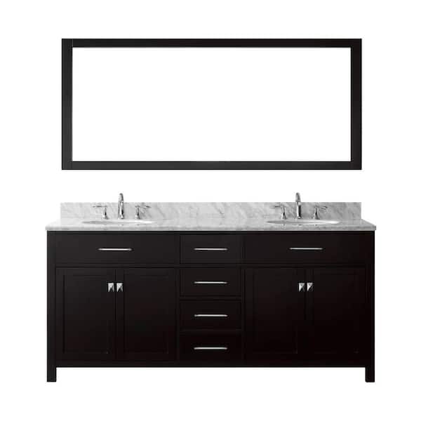 Virtu USA Caroline 72 in. W Bath Vanity in Espresso with Marble Vanity Top in White with Round Basin and Mirror