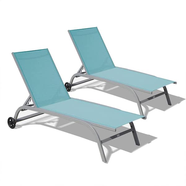 Sudzendf Lake Blue Outdoor Lounge Chair with Wheels, Outdoor Lounge Chairs with 5-Adjustable Position (Set of 2)