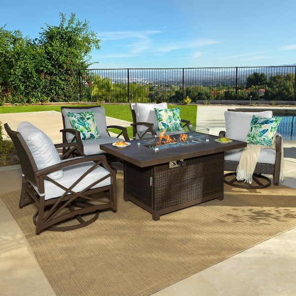 Kinger Home 5-Piece Wicker Outdoor Patio Conversation Set Fire Pit Table Set With Grey Cushions