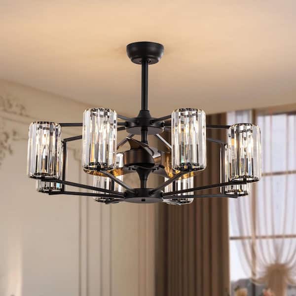 36 in. Indoor 8-Light Black Farmhouse Caged Crystal Chandelier Ceiling Fan with Light and Remote Control for Living Room