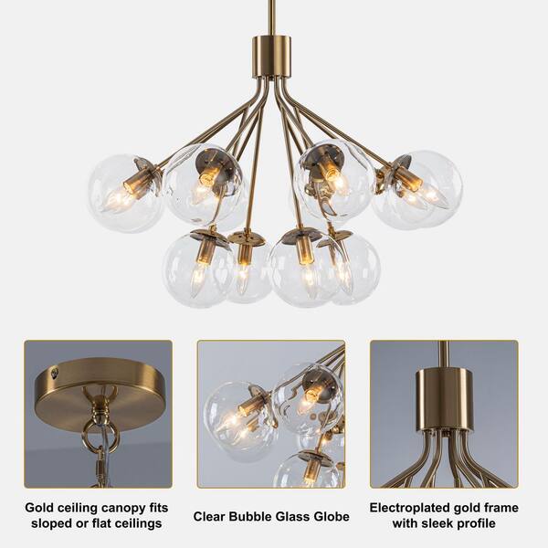 TinHon 12-Light Modern Gold Dining Room Light Fixture with Glass
