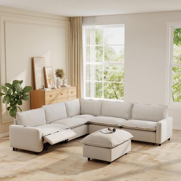 107.48 in. Square Arm 6-Piece Linen Modular Smart Electric Recliner Sectional Sofa with Heating, USB/TYPE-C in Beige