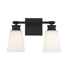 14 in. W x 9.5 in. H 2-Light Matte Black Bathroom Vanity Light with Frosted Glass Shades