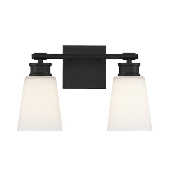 TUXEDO PARK LIGHTING 14 in. W x 9.5 in. H 2-Light Matte Black Bathroom Vanity Light with Frosted Glass Shades