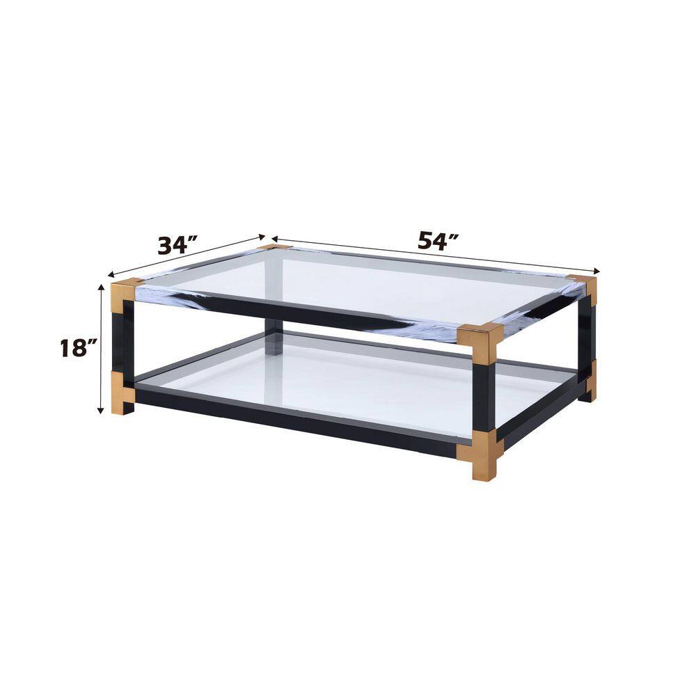 Black and Gold Rectangular Glass Coffee Table with Storage Shelf