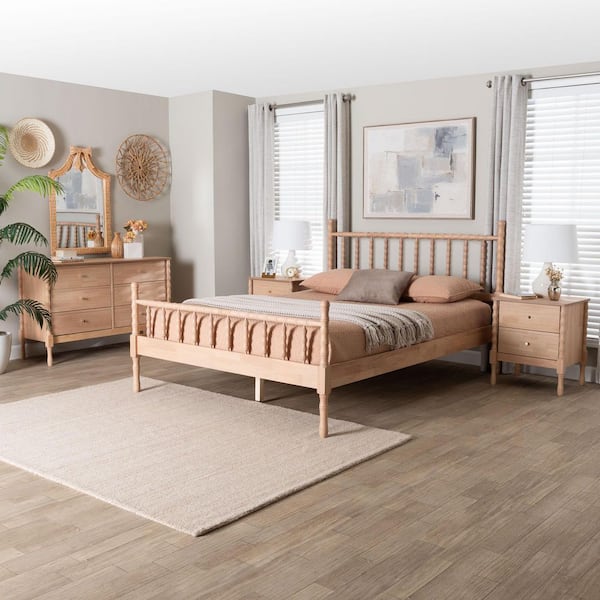 Laurent 4-Piece Beech Brown Wood Queen Bedroom Set with 2-Nightstands