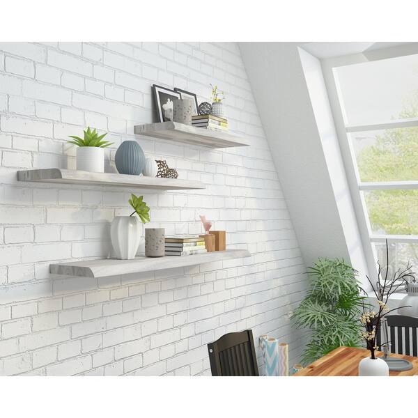 Interbuild Solid 3.9 ft. L x 10 in. D x 1.5 in. T, Acacia Butcher Block Countertop Floating Wall Shelf Organic White with Live Edge