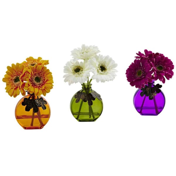 Nearly Natural Artificial Gerber Daisy with Colored Vase (Set of 3)