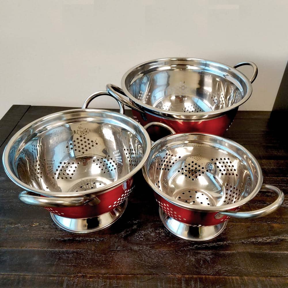 Metallic Red Stainless Steel 3-Piece Colander Set