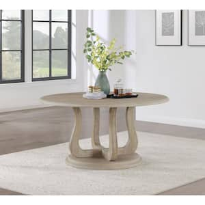 Trofello Farmhouse White Washed Wood Top 60 in. Pedestal Dining Table Seats 6