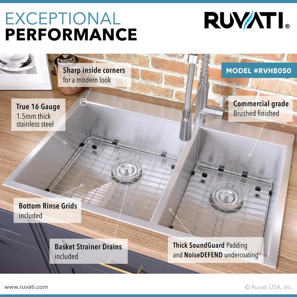 Ruvati 33" Stainless Steel Double Bowl Kitchen Sink