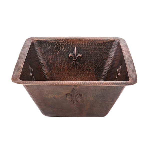 Premier Copper Products Bronze 16 Gauge Copper 15 in. Undermount Square Fleur De Lis Bar Sink with 3.5 in. Drain Opening