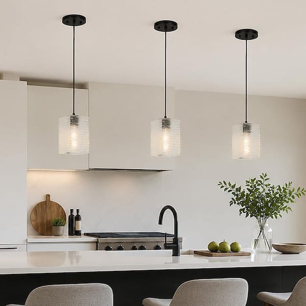 Zevni Modern 1-Light Matte Black Pendant Light with Textured Glass