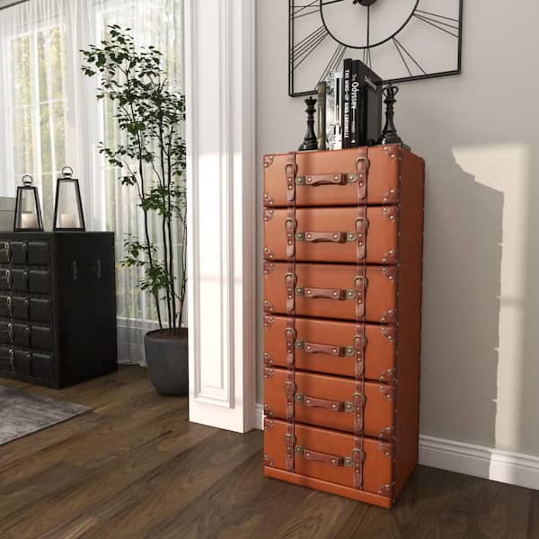 Litton Lane 6-Drawer Brown Faux Leather Chest with Buckle and