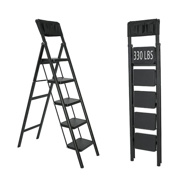 5 Step Ladder Steel Folding Step Stool Ladder with Tool Bag,330 lbs. Load Capacity (6.72 ft. Reach Height)