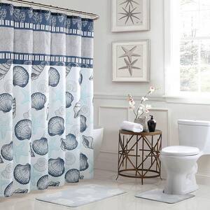 Island 18 in. x 30 in. Bath Rug and 72 in. x 72 in. Shower Curtain 15-Piece Set in Blue/Grey