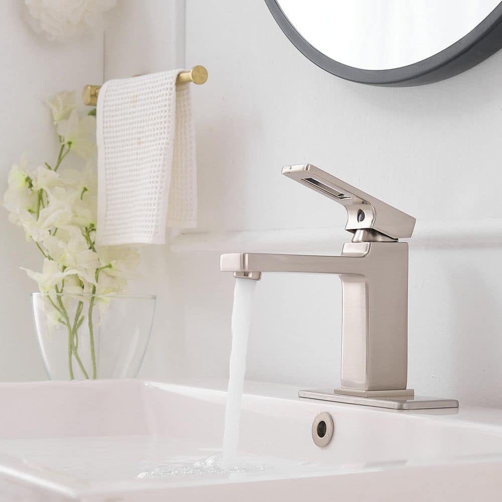 Brushed Nickel Single-Handle Low-Arc Bathroom Faucet with Drain Assembly