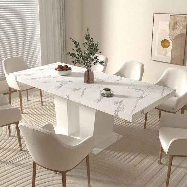 Brivaro White Faux Marble Finish Wood Dual Column Double Pedestal Rectangle Dining Table with Extendable 6/8/10 Seats