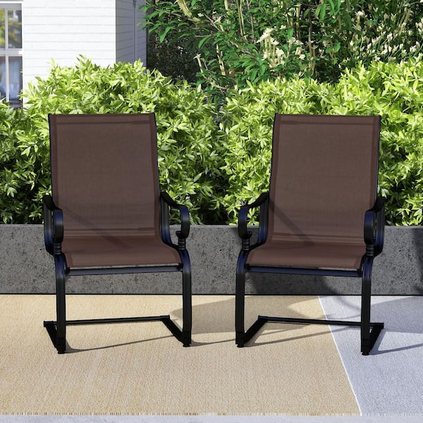 Black Frame C-Spring Motion Metal Outdoor Dining Chair Set in Dark Brown Set of 2