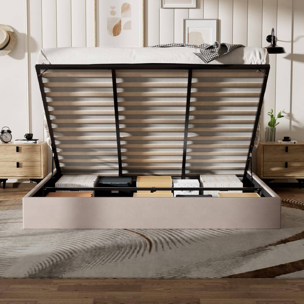 Black Frame Queen Size Upholstered Platform Bed with Lift-up Storage Supported by Metal and Wooden Slats - thumbnail 6