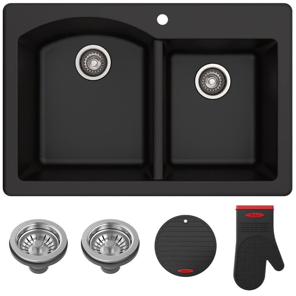 Kraus Forteza All In One Drop In Undermount Granite Composite 33 In 1 Hole 60 40 Double Bowl Kitchen Sink In Black Kgd 50black The Home Depot