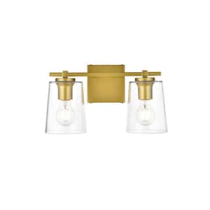 Simply Living 14 in. 2-Light Modern Brass Vanity Light with Clear Bell Shade