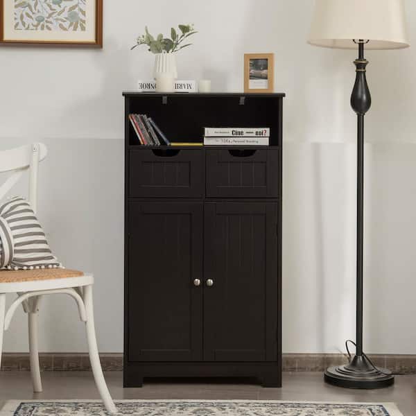 HONEY JOY Espresso Wooden Floor Storage Cabinet For Livingroom Bathroom Office w/Open Shelf, 2 Doors and 2 Drawers
