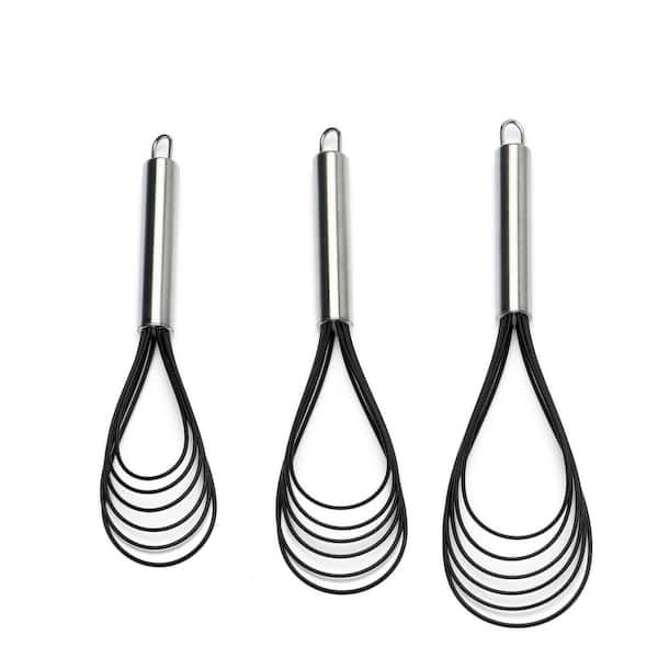 Blue Silicone Coated Stainless Steel Flat Whisk Set Nonstick Kitchen Cooking Utensil for Blending Beating (3 Pack)