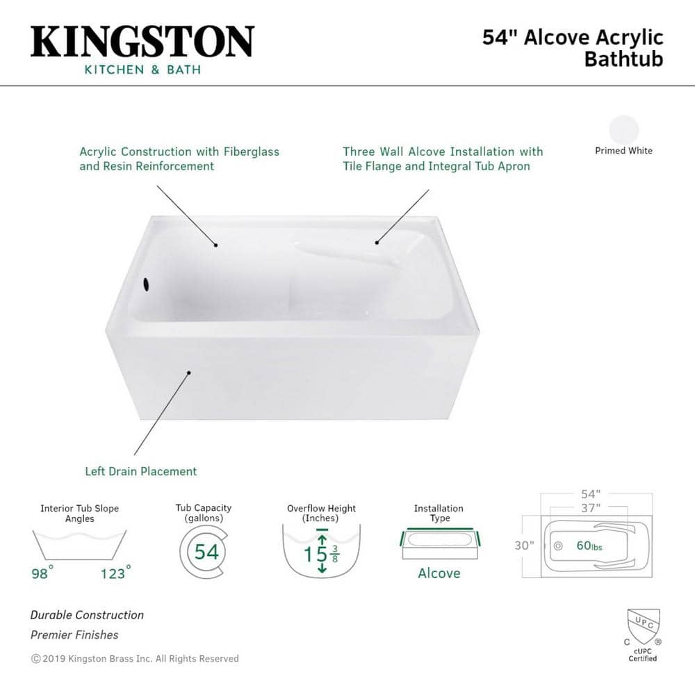 54-Inch White Acrylic Alcove Soaking Bathtub with Arm Rest
