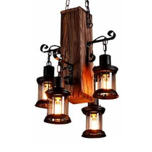 4-Light Brown Lantern Chandelier Light Industrial Rustic Farmhouse Wood and Glass Shade Pendant for Coffee Restaurant