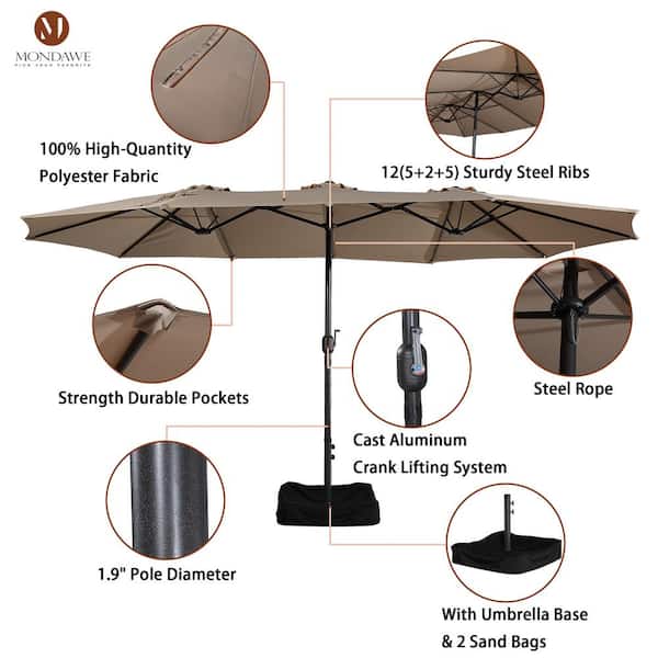 15 ft. Outdoor Market Patio Umbrella Double Sided Design Umbrella in Tan with Crank & Base
