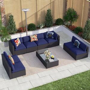 Black Rattan Wicker 8 Seat 10-Piece Steel Outdoor Patio Conversation Set with Blue Cushions and Coffee Tables