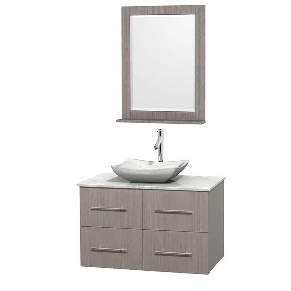 Wyndham Collection Centra 36 in. Vanity in Gray Oak with Marble Vanity Top in Carrara White, Marble Sink and 24 in. Mirror