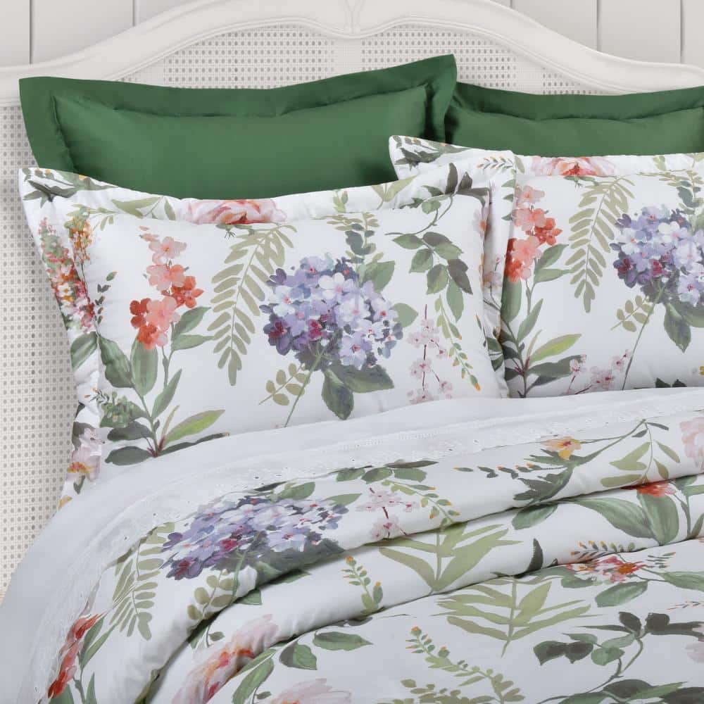 King White Cotton Floral 3-Piece Comforter Set