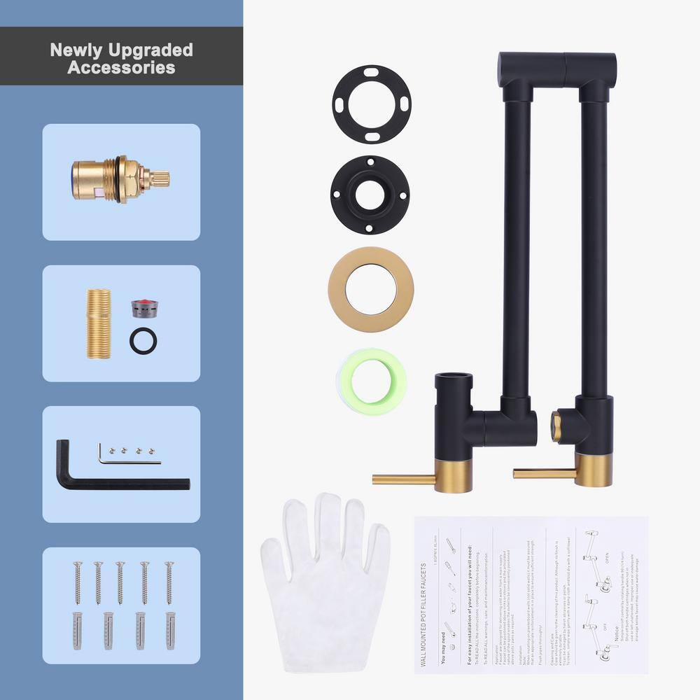 Black and Gold Wall Mounted Double Handle Pot Filler Faucet
