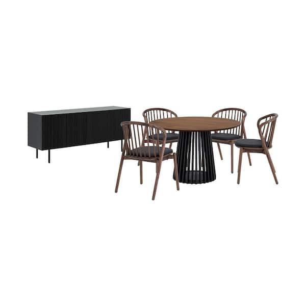 Armen Living Pasadena Echo 6-Piece Round Walnut Wood Top Dining Room Set Seats 4