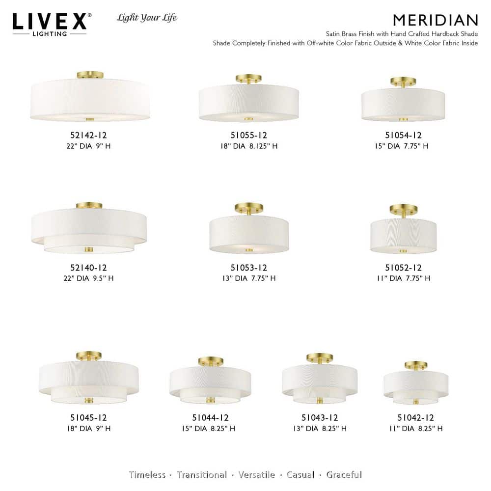 Satin Brass Modern 3-Light Semi-Flush Drum Light with Off-White Shade