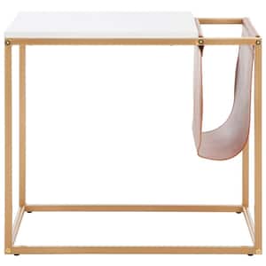 Eugenia 22 in. White/Brown/Gold Rectangular Faux Marble End Table