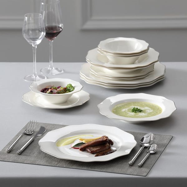 MALACASA Bone China Dinnerware Set, 16 Piece Plates and Bowls Sets with  Golden Rim, White Plate Set with Dinner Plate, Dessert Plate, Soup Plate  and