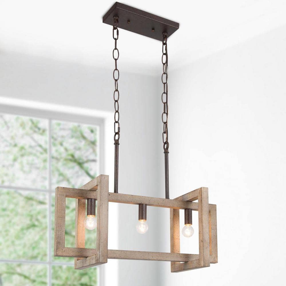 3-Light Rustic Distressed Wood Kitchen Island Chandelier Shades Pendant Lig