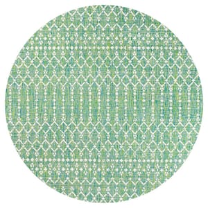 Ourika Moroccan Geometric Textured Weave Ivory/Green 5 ft. Round Indoor/Outdoor Area Rug