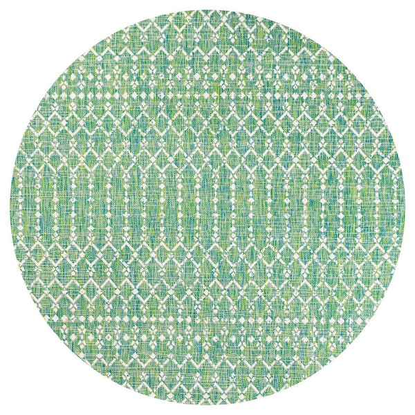 Ourika Moroccan Geometric Textured Weave Ivory/Green 5 ft. Round Indoor/Outdoor Area Rug
