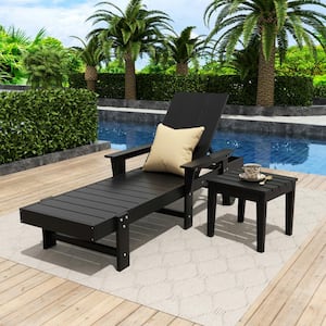 Shoreside 2Piece Modern Poly Plastic Adjustable Reclining Outdoor Patio Chaise Lounge Armchair and Table Set, Black