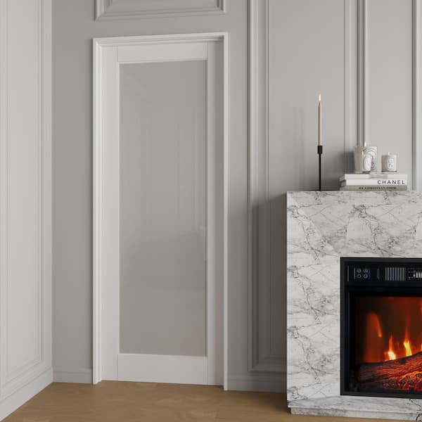 30 in. x 80 in. 1-Lite Frosted Glass Left Handed White Solid Core MDF Door with Quick Assemble Jamb Kit
