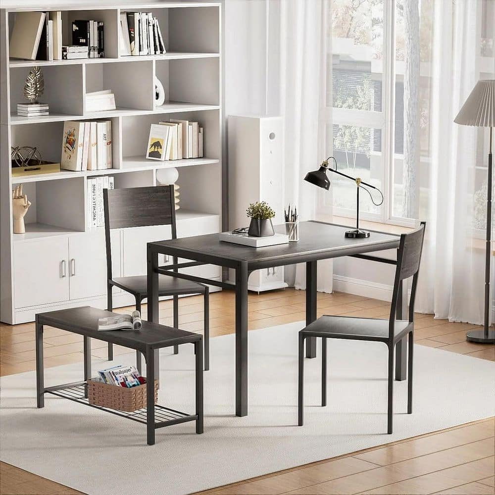 4 Piece Rectangular Gray Wood Top Dining Table Set Seats 3-4