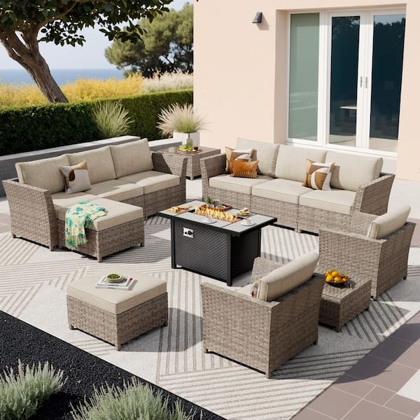 Lounge 13 Pieces Wicker Outdoor Patio Rectangular Fire Pit Set with Beige Cushions