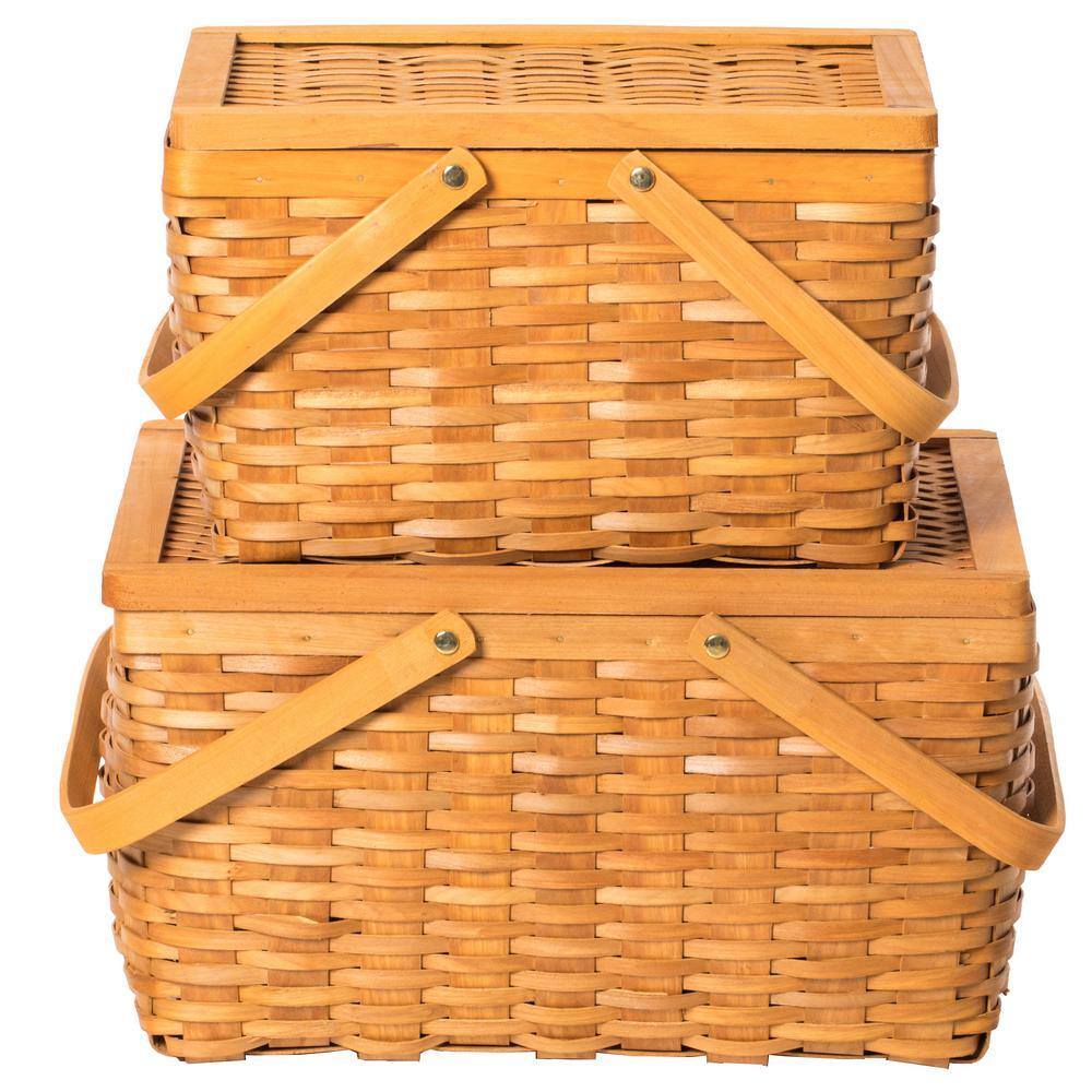 Natural Woodchip Woven Picnic Basket Set with Movable Handles