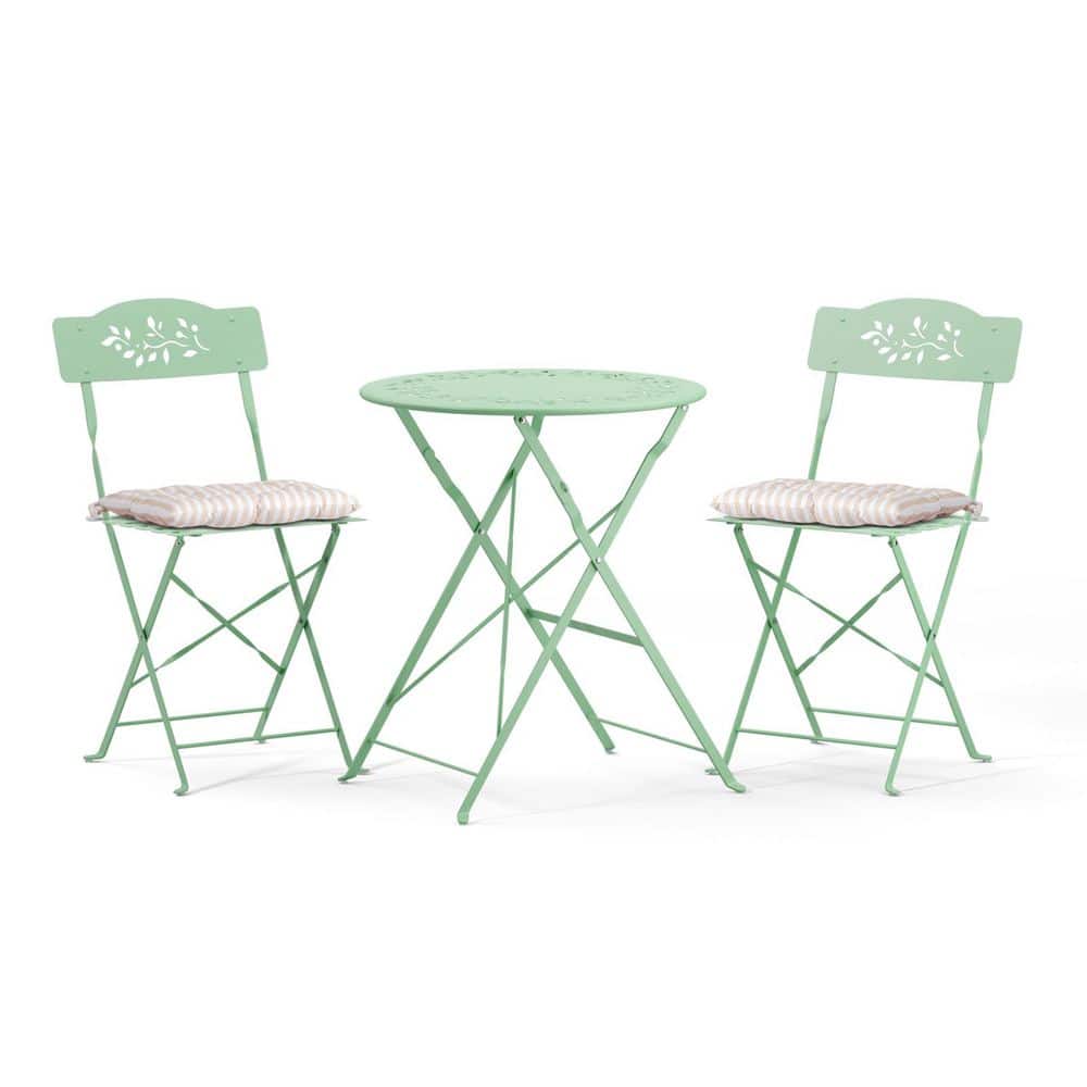 Light Green 3-Piece Metal Hollow Pattern Outdoor Bistro Set Folding Table and Chairs with Cushions price history on PriceWatchPro